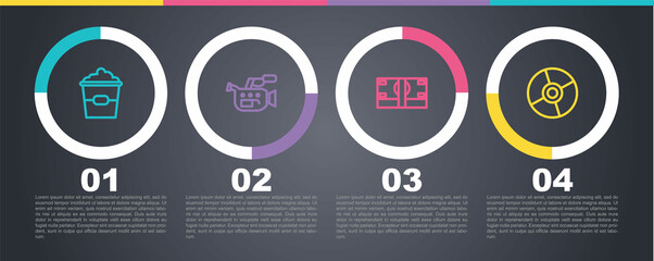 Set line Popcorn in box, Cinema camera, Stacks paper money cash and CD DVD disk. Business infographic template. Vector