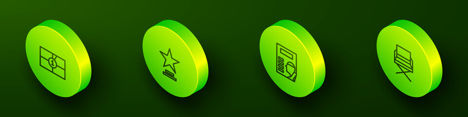 Set Isometric line Old film movie countdown frame, Movie trophy, Cinema poster and Director chair icon. Vector