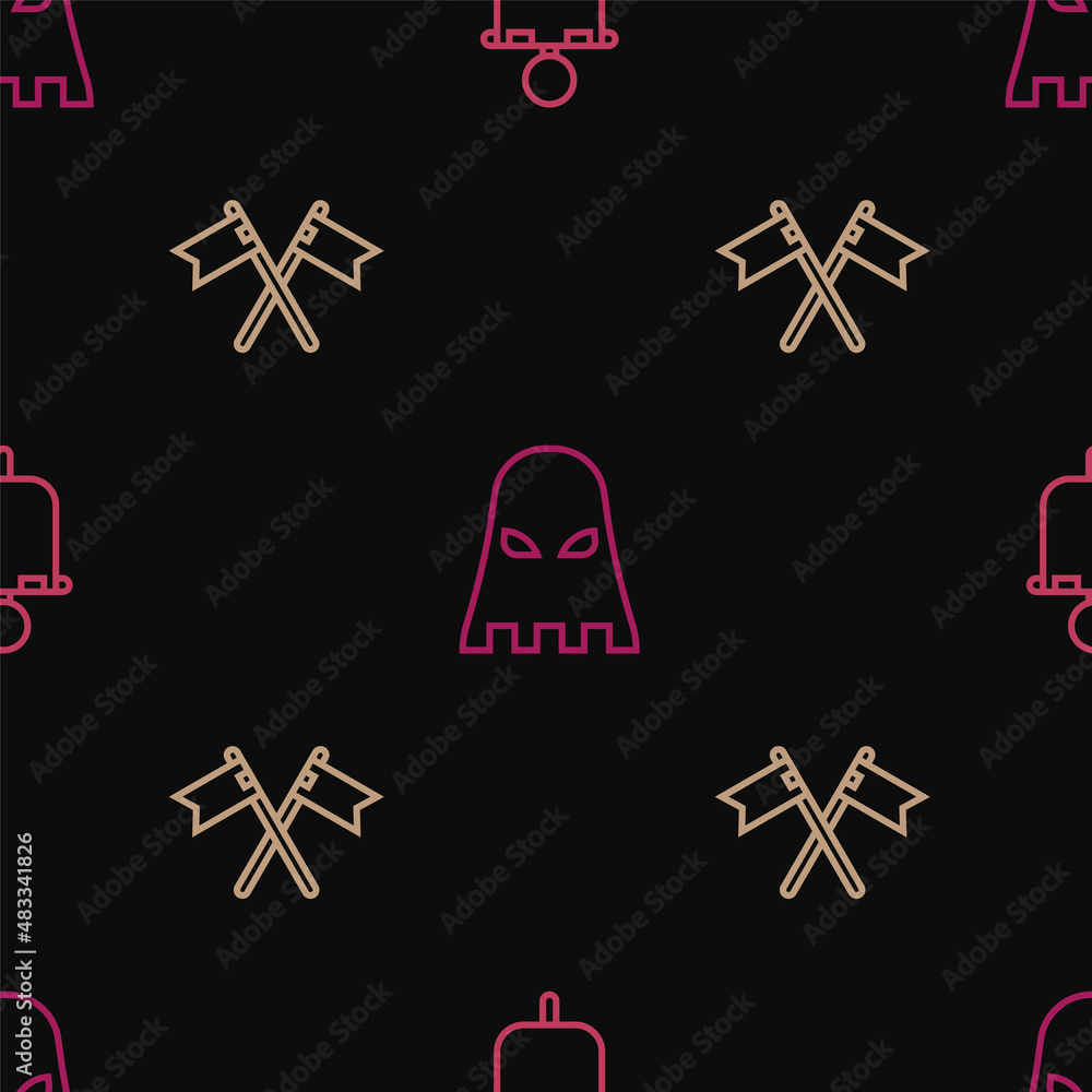 Poster set line medieval flag, crossed medieval and executioner mask on seamless pattern. vector