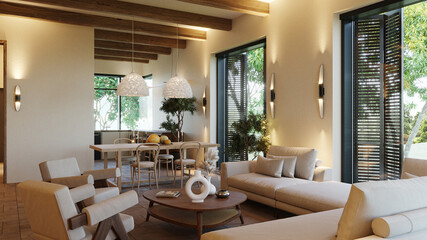 Country villa. 3D render. Interior visualization. Illustration.