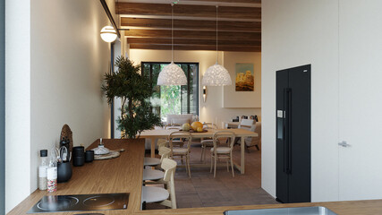 Country villa. 3D render. Interior visualization. Illustration.