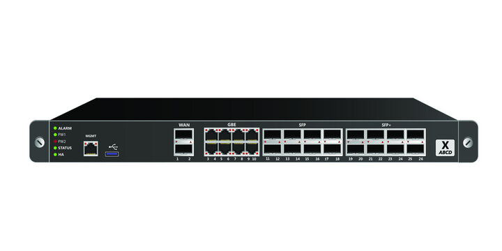 19" rackmount firewall with 1 management port, 1 USB port, 8 GBE ports, 8 SFP optical ports, 8 SFP+ optical ports and 2 WAN 10G SFP+ ports. Designed for carrier-class networks. vector illustration.
