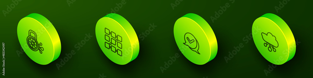 Poster set isometric line cyber security, graphic password protection, check mark in speech bubble and inte