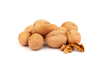 Walnuts in shells isolated on white background. Package design element with clipping path.