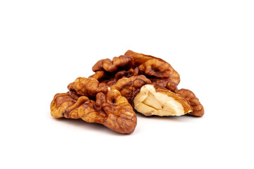 Walnut kernels isolated on white background. Space for text.