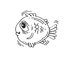 Funny round fish. Cartoon animal character. Underwater world. Outline sketch. Hand drawing is isolated on a white background. Vector