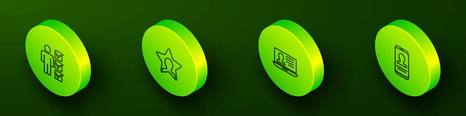 Set Isometric line User of man in business suit, Head hunting, Laptop with resume and Mobile icon. Vector