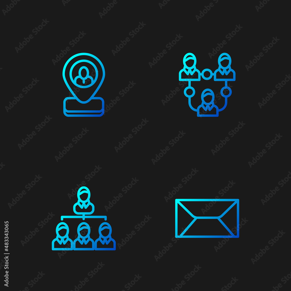 Poster set line envelope, hierarchy organogram chart, worker location and project team base. gradient color