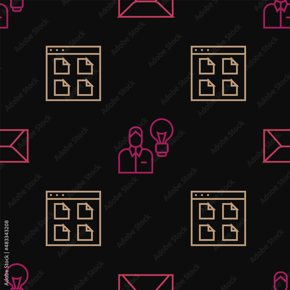 Poster set line envelope, browser files and human with lamp bulb on seamless pattern. vector