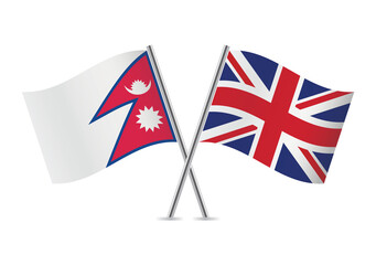 Nepal and Britain flags. Nepalese and British flags isolated on white background. Federal Democratic Republic of Nepal and United Kingdom flags. Vector icon set. Vector illustration. 