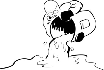 A man in a coverall and mask pours a poisonous substance from a barrel into the water
