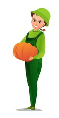 Little girl villager farmer in overalls. Teen is an agricultural worker. Cheerful person Standing pose. Cartoon comic style design. Single character. Illustration isolated on white background. Vector