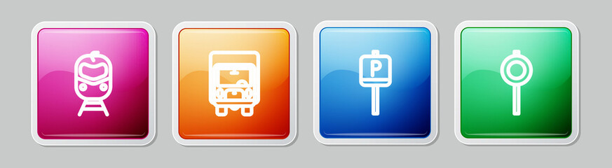 Set line Train and railway, Delivery cargo truck, Parking and Road traffic signpost. Colorful square button. Vector