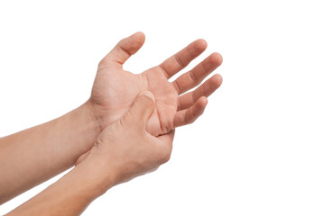 Unrecognizable millennial caucasian guy suffering from pain in arm, presses hand to sore spot,...