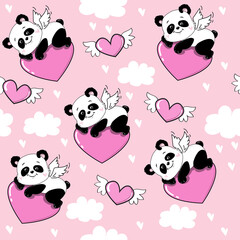 Cartoon panda lying on a heart on a pink background seamless pattern. Vector cartoon illustration in kawaii style