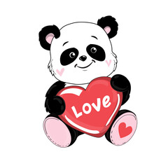 Cute valentines panda and heart on a white background. Cartoon vector illustration
