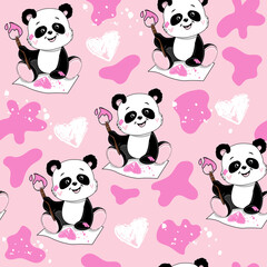 Funny panda draws a heart on a pink background seamless pattern. Vector cartoon illustration in kawaii style