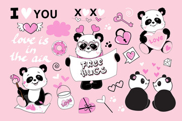 Funny pandas set with heart on a pink background. Vector cartoon illustration for valentine's day