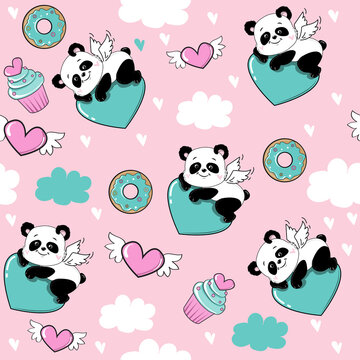 Cartoon panda lying on a heart seamless pattern. Vector cartoon illustration in kawaii style