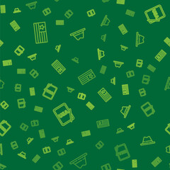 Set line American flag, USA on graphic tablet and Man hat with ribbon on seamless pattern. Vector