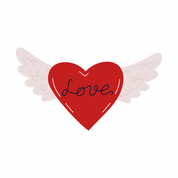 heart with wings and inscription love.  flat vector illustration on white background
