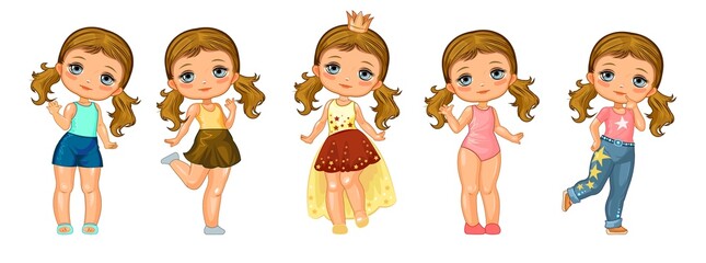 Cute little girl doll with pigtails. Fun cartoon style. Set of characters in different clothes and poses. Object isolated on white background. Vector