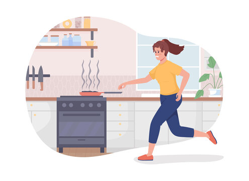 Burning food on stove 2D vector isolated illustration. Woman running to turn off heat on stove flat characters on cartoon background. Everyday situation and daily life colourful scene