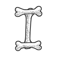 letter I made of bones sketch engraving vector illustration. Bones font. T-shirt apparel print design. Scratch board imitation. Black and white hand drawn image.