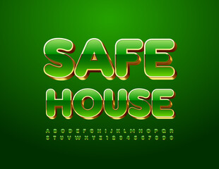 Vector chic emblem Safe House with 3D Gold and Green Font. Elite Alphabet Letters and Numbers set