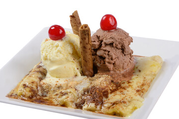 Ice cream with fried banana and melted cheese on white plate. Dessert.