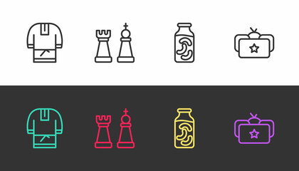 Set line Kosovorotka, Chess, Pickled cucumbers in jar and Ushanka on black and white. Vector