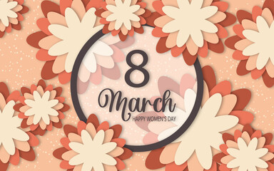 Postcard March 8 in pastel pink colors. Happy Women's Day modern design. Floral festive spring poster in paper cut style with round frame.