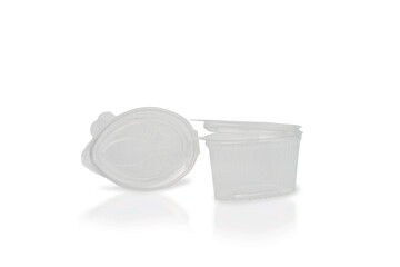 Medium plastic sauce container with open lid on a white background