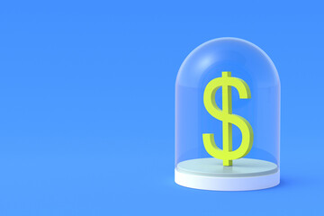 Money storage. Presentation of the new banknote design. Investment protection concept. Delivery of the prize. Deposit insurance. Financial aid. Dollar symbol in glass dome. 3d render