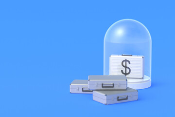Deposit insurance. Money storage. Presentation of the new banknote design. Investment protection concept. Delivery of the prize. Financial aid. Money suitcase in glass dome. 3d render