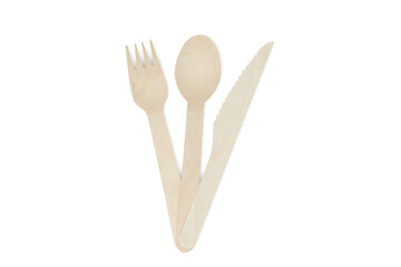 Wooden fork, knife and spoon on a white background from top view, wooden cutlery