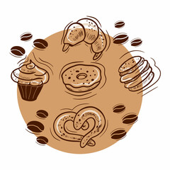 Vector illustration of buns and cakes for coffee. Vintage illustration for cafe decoration. Cake poster.