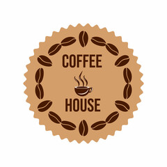 Coffee house. Round logo or sticker for a coffee shop with coffee beans and a cup of coffee.