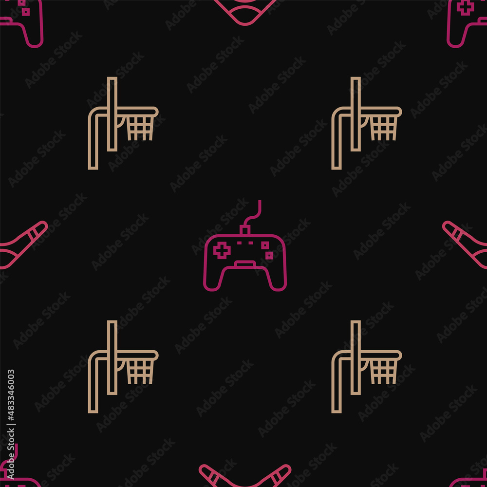 Poster set line boomerang, basketball backboard and gamepad on seamless pattern. vector