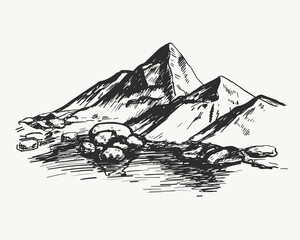 Hand drawn sketch illustration with mountain and river. Perfect for banner, poster, logo