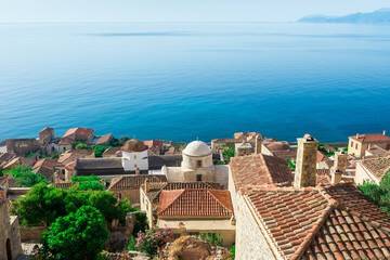 Fototapeta premium Romantic fortified greek village on rock island Monemvasia, Peloponnese, Greece