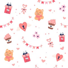 Valentine s day pattern with cute hearts, cats and garlands. Hand drawn vector illustration