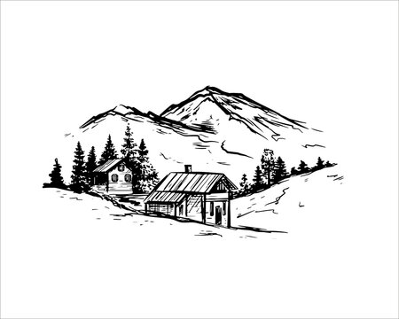 Hand drawn sketch illustration of mountain, landscape and wooden houses with pine trees isolated