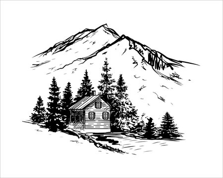 Hand drawn sketch illustration of mountain and landscape with pine trees isolated. Little house in the woods