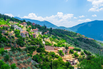 Obraz premium Mountain landscape. View of a green mountains on a sunny, spring day (Peloponnese, Greece)