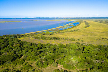Aerial view of iSimangaliso Wetland Park. Maputaland, an area of KwaZulu-Natal on the east coast of South Africa. 