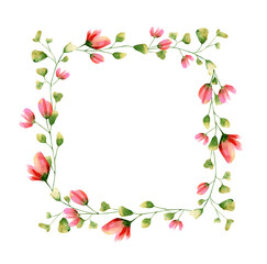 Watercolor floral square frame. Botanical illustration with red roses, green herb leaves and branch for wedding invitations border, greeting cards, banners