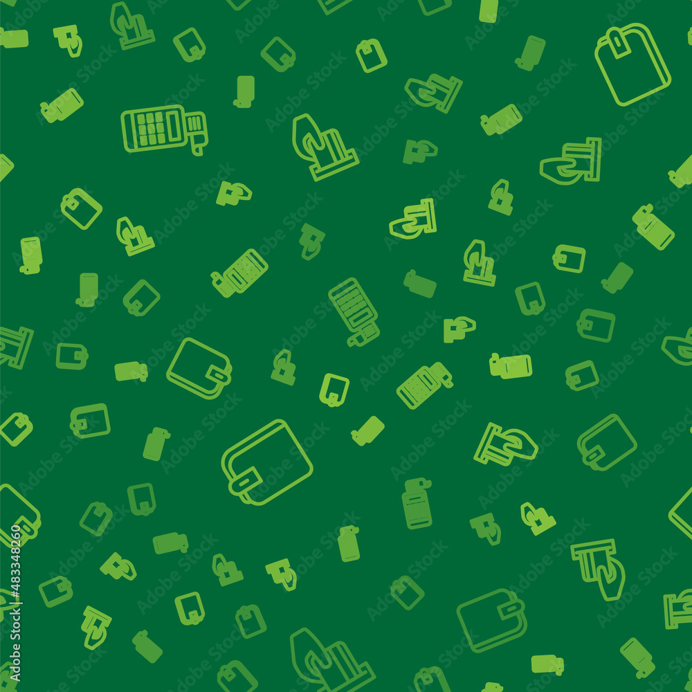 Poster set line cash register machine, wallet and credit card inserted on seamless pattern. vector