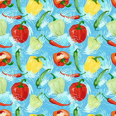 Seamless pattern with washing red, yellow, green peppers. Vector illustration with brush texture