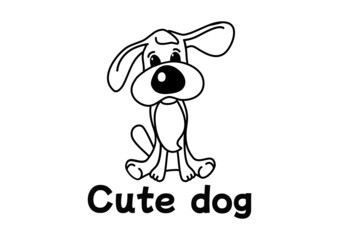 Cute dog sits and looks. Doodle drawing with text.